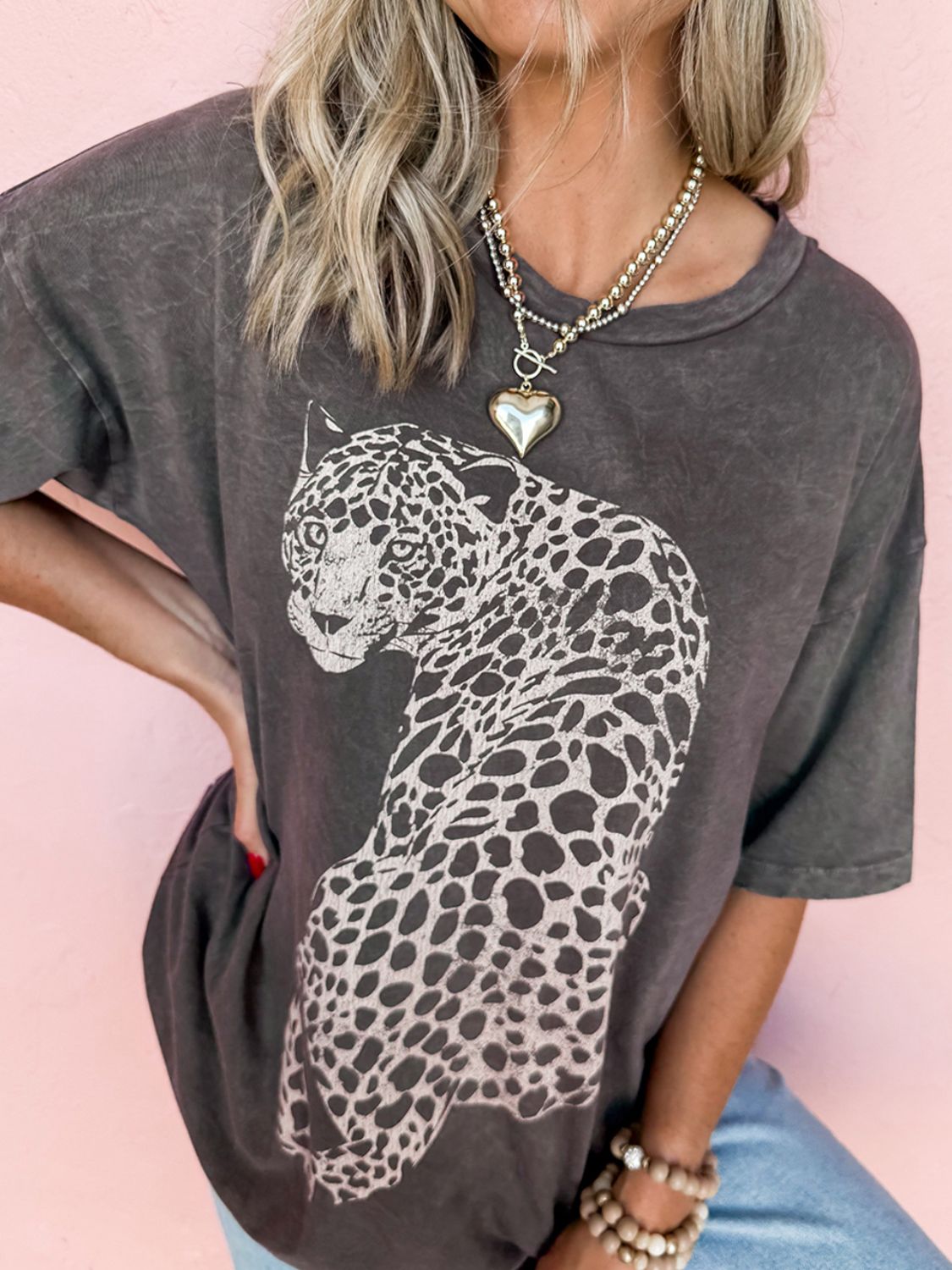 Cheetah Mineral Wash Round Neck Half Sleeve T-Shirt Trendsi