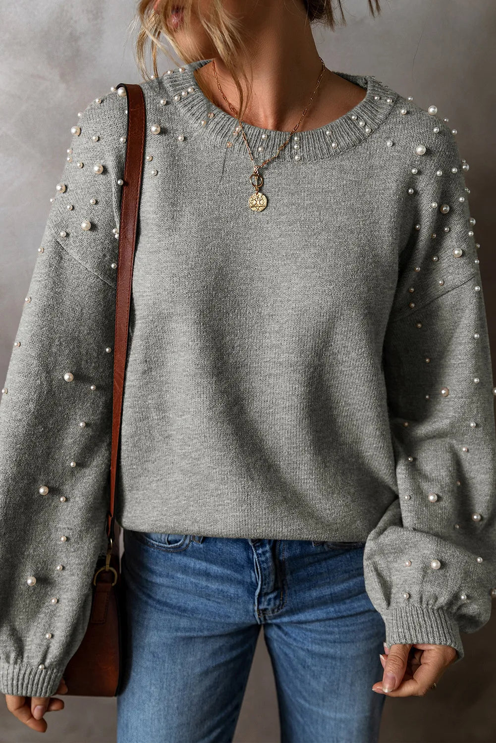 Pearl Detail Round Neck Long Sleeve Sweater Trendsi