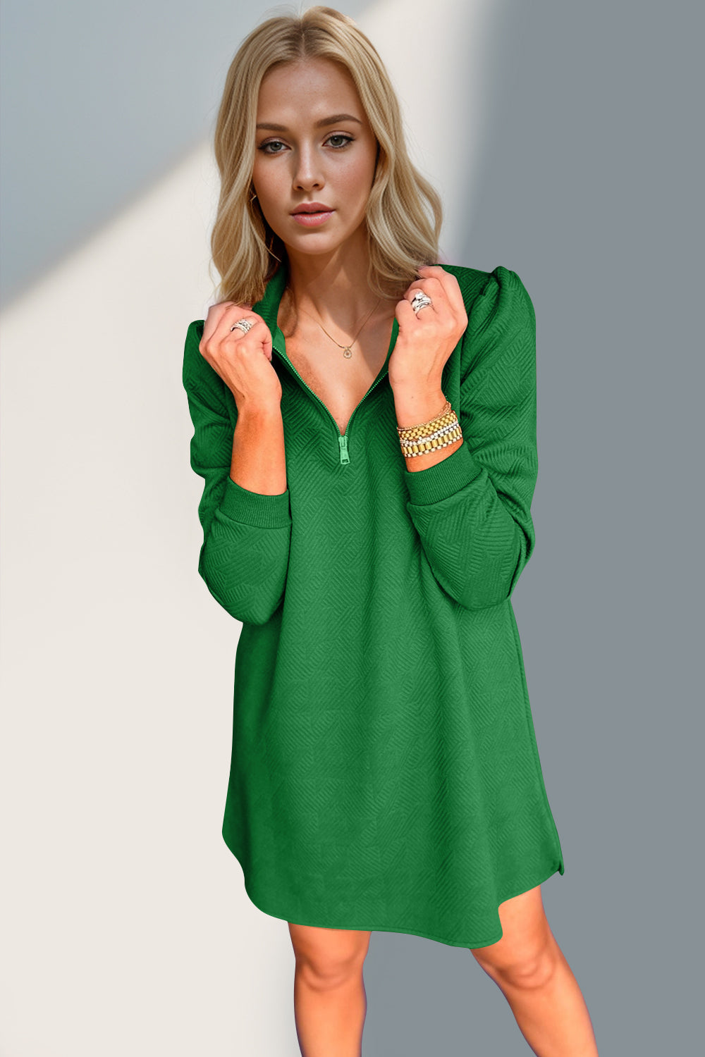 Double Take Textured Quarter Zip Long Sleeve Dress Trendsi