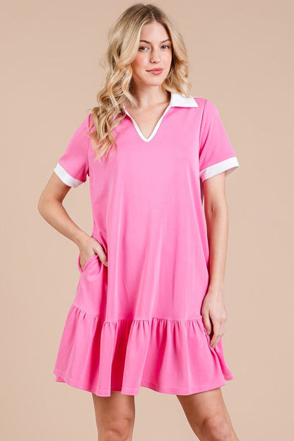 Ces Femme Ruffled Hem Johnny Collar Short Sleeve Dress Trendsi