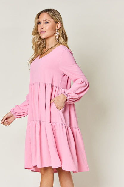 Double Take Full Size V-Neck Balloon Sleeve Tiered Dress with Pockets Trendsi