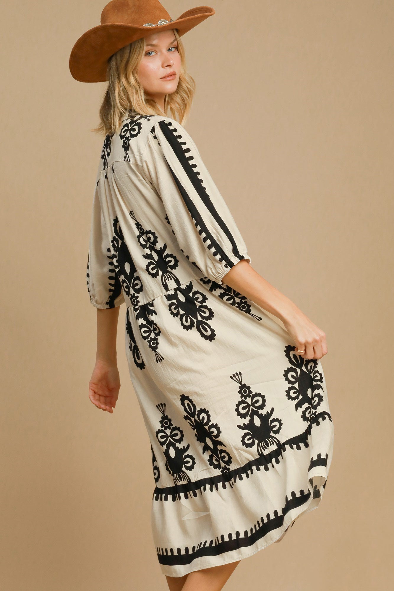 Umgee Printed Notched Midi Dress Trendsi