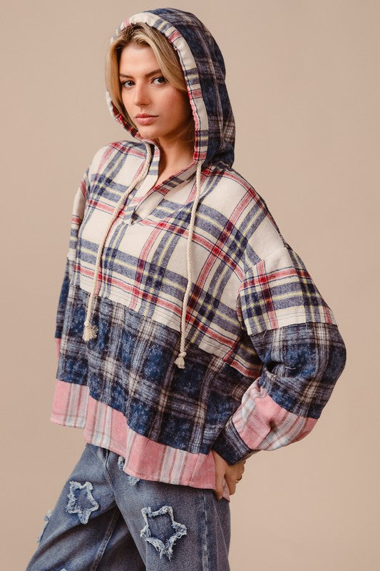 BiBi Drawstring Plaid Drop Shoulder Hoodie Trendsi