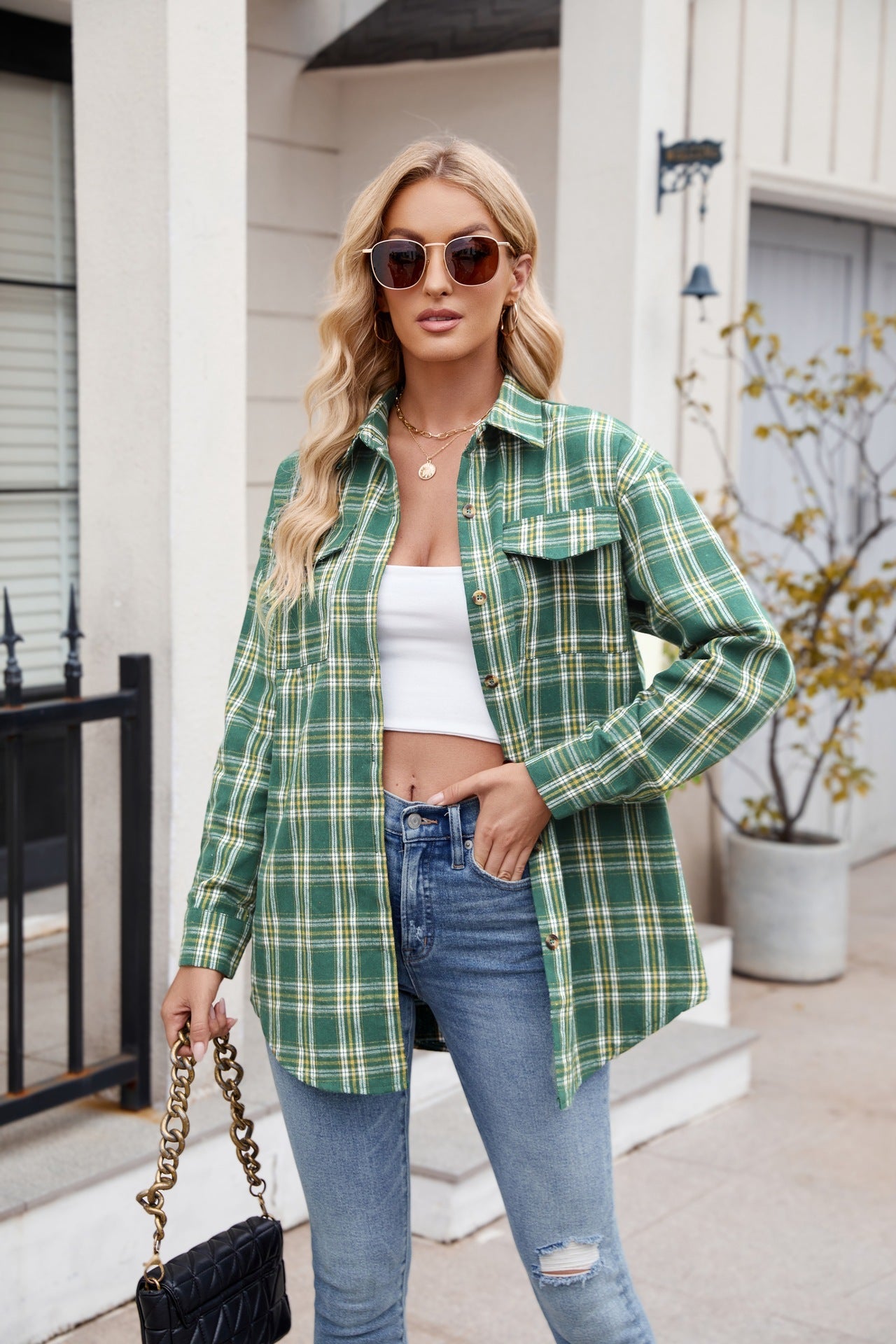 Mandy Plaid Button Up Long Sleeve Shirt Trendsi