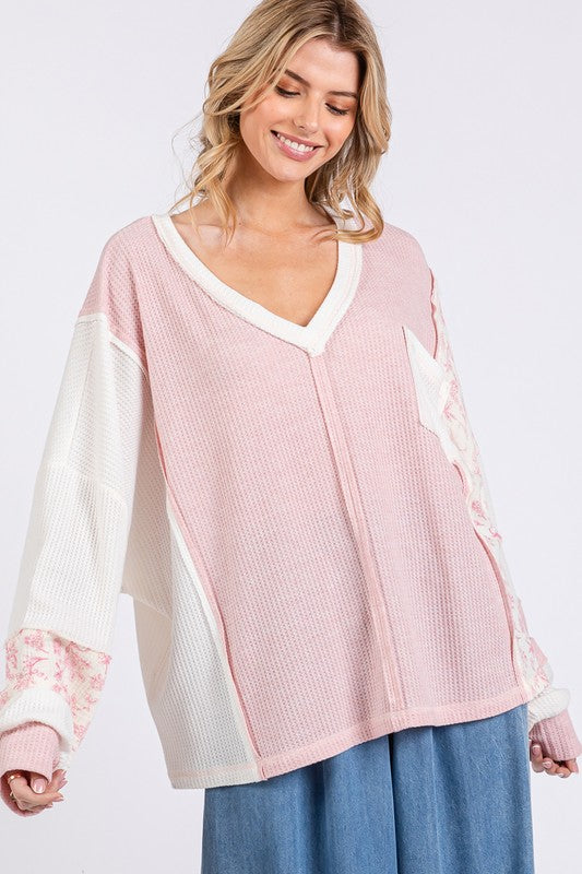 SAGE + FIG Floral Long Sleeve V-Neck Waffle Knit Top Trendsi