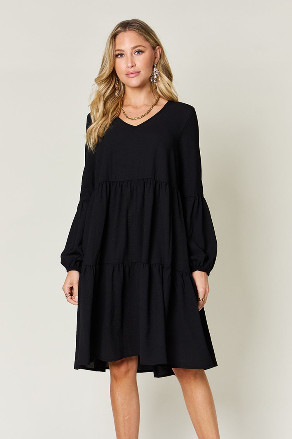 Double Take Full Size V-Neck Balloon Sleeve Tiered Dress with Pockets Trendsi