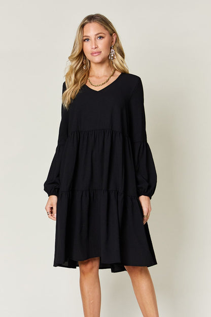 Double Take Full Size V-Neck Balloon Sleeve Tiered Dress with Pockets Trendsi