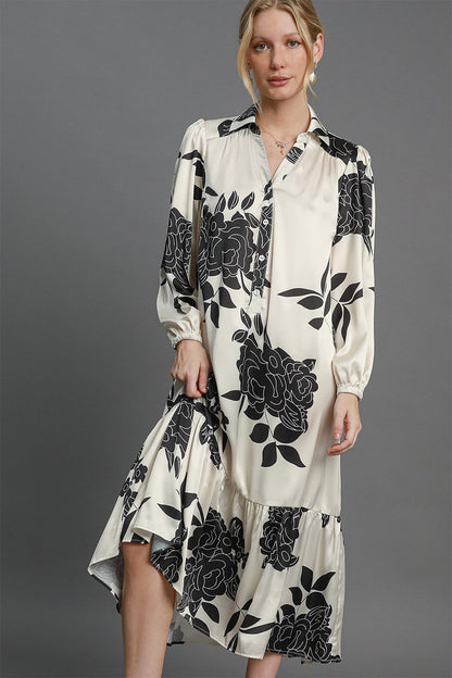 Umgee Ruffle Hem Flower Print Johnny Collar Dress Trendsi