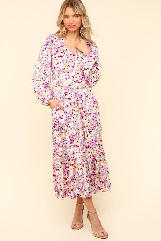 Haptics Full Size Floral V-Neck Long Sleeve Dress with Side Pockets Trendsi