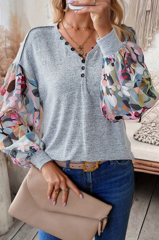 Printed Lantern Sleeve Buttoned V Neck Top Trendsi