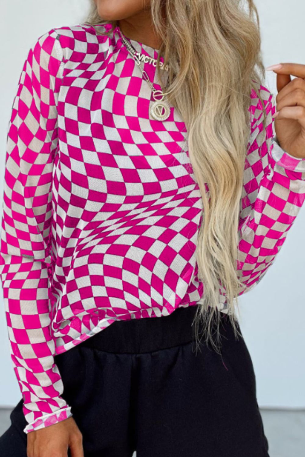 Checkered Mock Neck Long Sleeve Blouse Trendsi