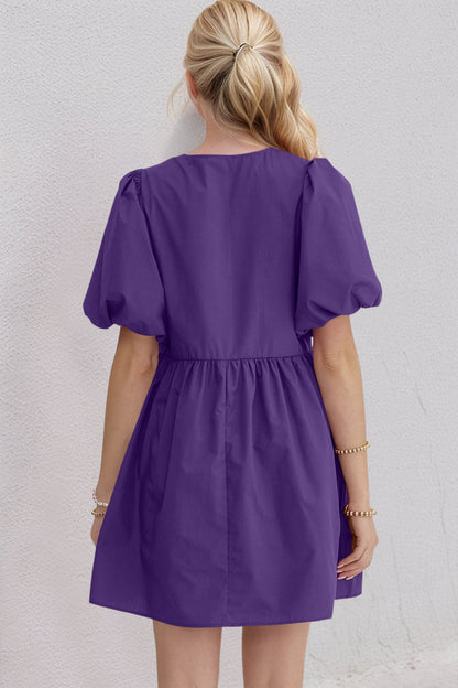 Oh Bow Ruched Puff Sleeve Mini Dress Trendsi