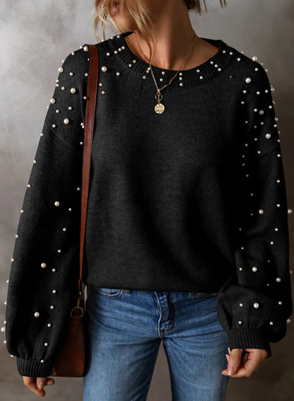 Pearl Detail Round Neck Long Sleeve Sweater Trendsi