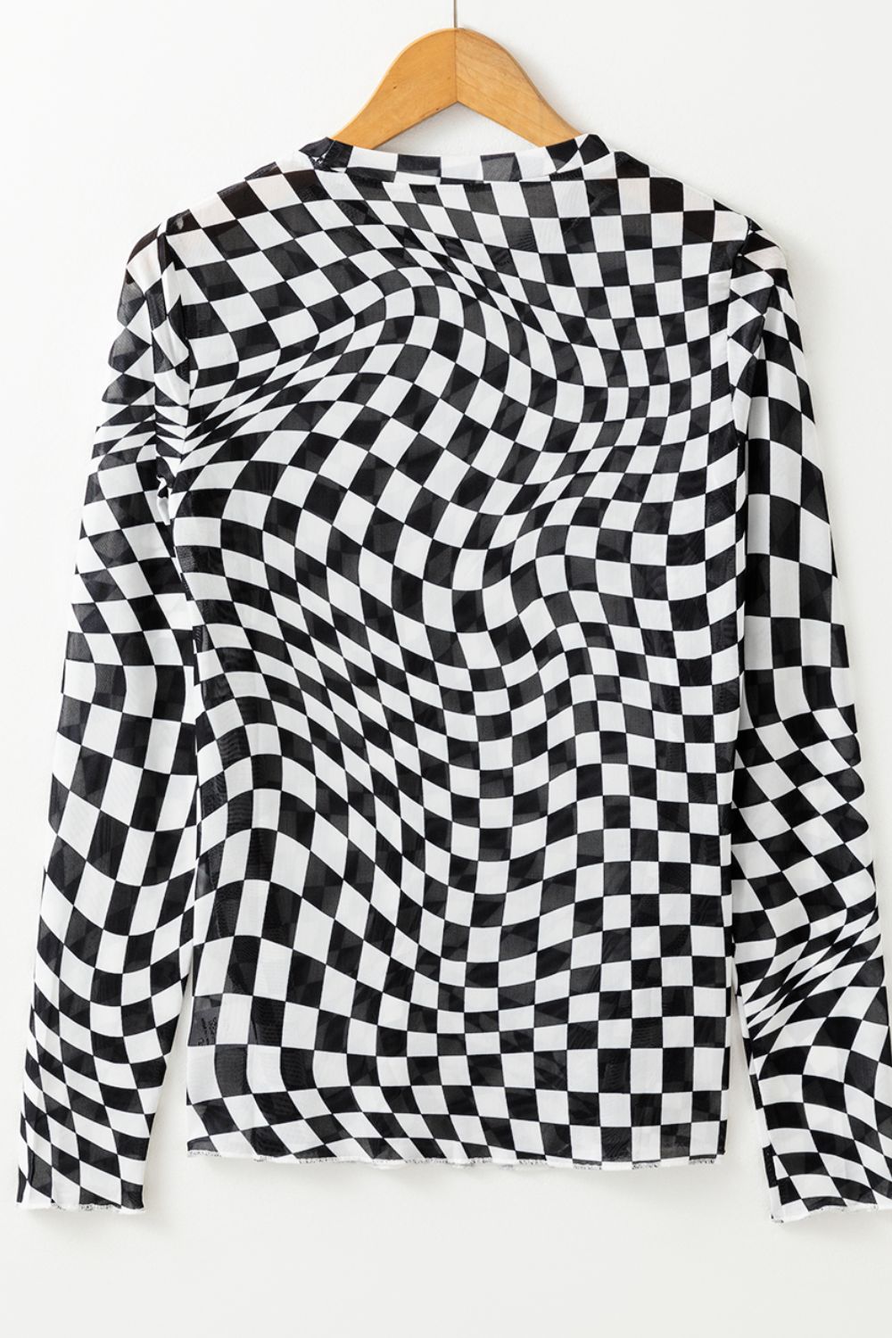 Checkered Mock Neck Long Sleeve Blouse Trendsi