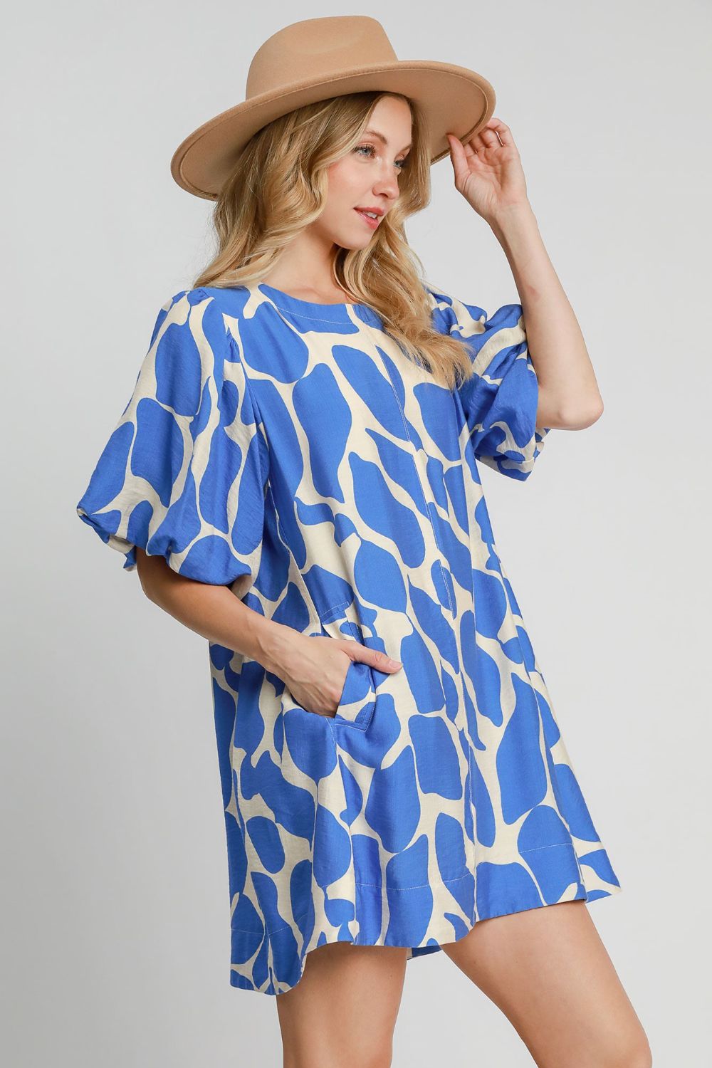 Umgee Two Tone Abstract Print Puff Sleeve Dress Trendsi