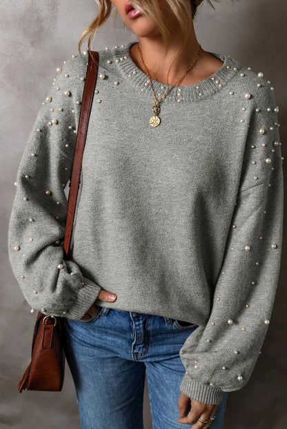 Pearl Detail Round Neck Long Sleeve Sweater Trendsi