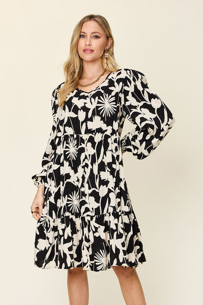 Double Take Full Size Printed Ruffle Hem Dress with Pocket Trendsi