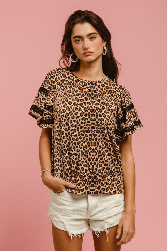 BiBi Leopard Crochet Trim Round Neck Short Sleeve Top Trendsi