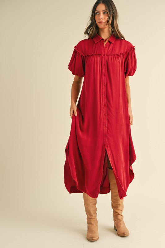 Annie Wear Mineral Washed Button Down Puff Sleeve Shirt Dress Trendsi