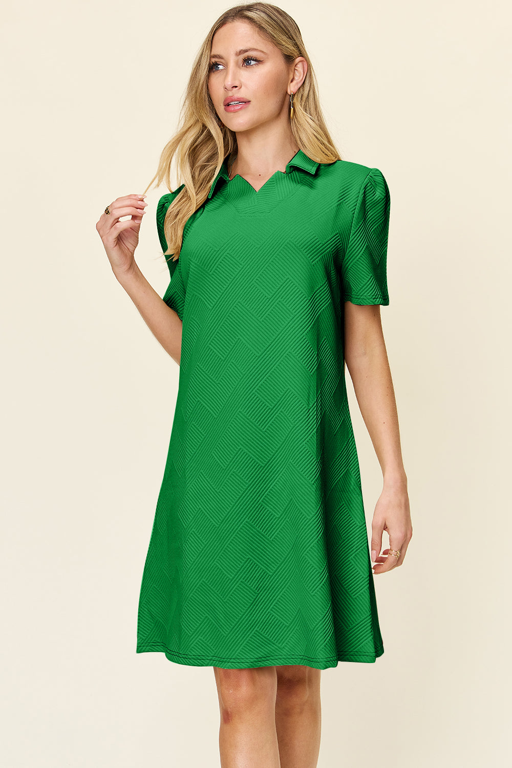 Double Take Full Size Texture Collared Neck Short Sleeve Dress Trendsi