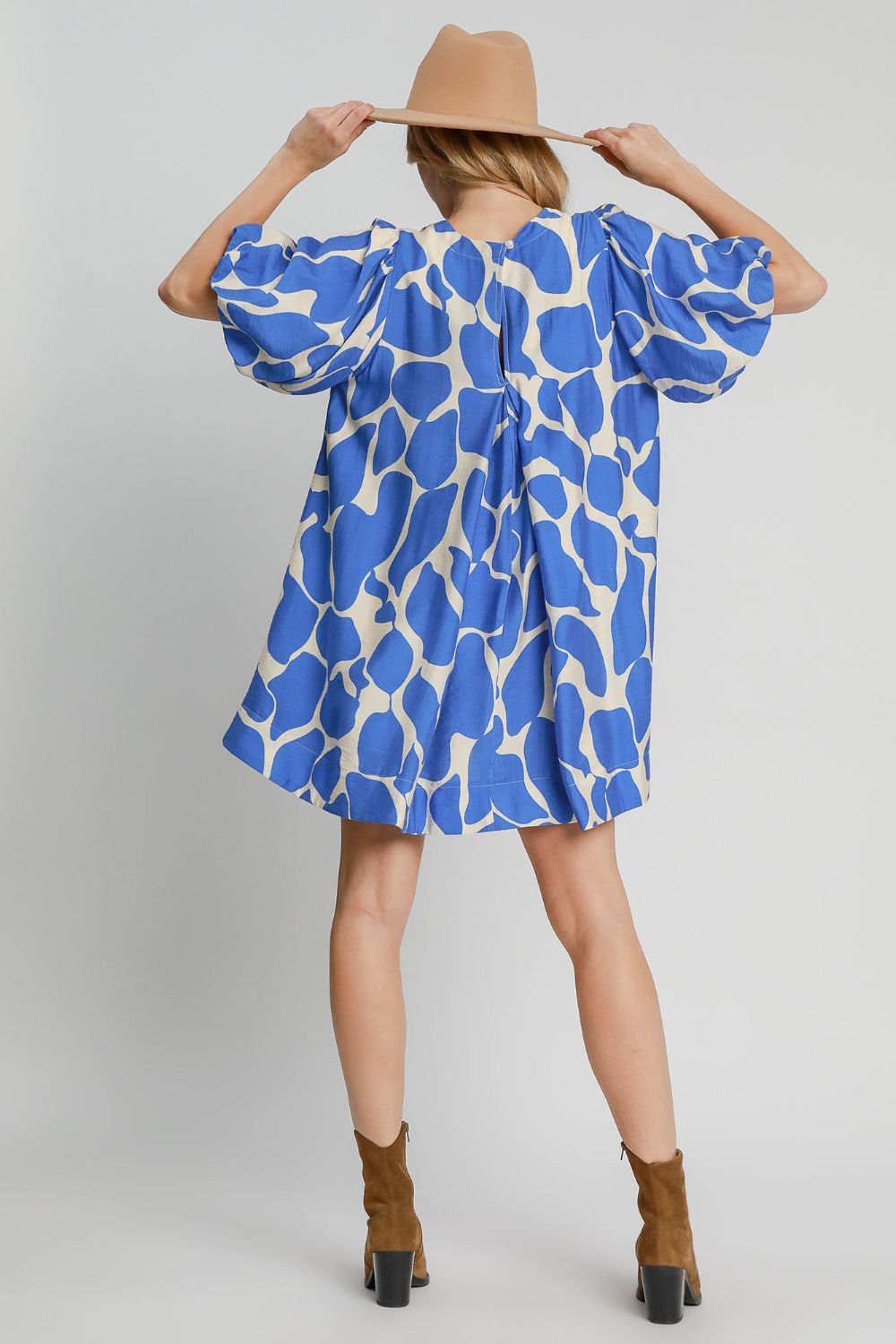 Umgee Two Tone Abstract Print Puff Sleeve Dress Trendsi