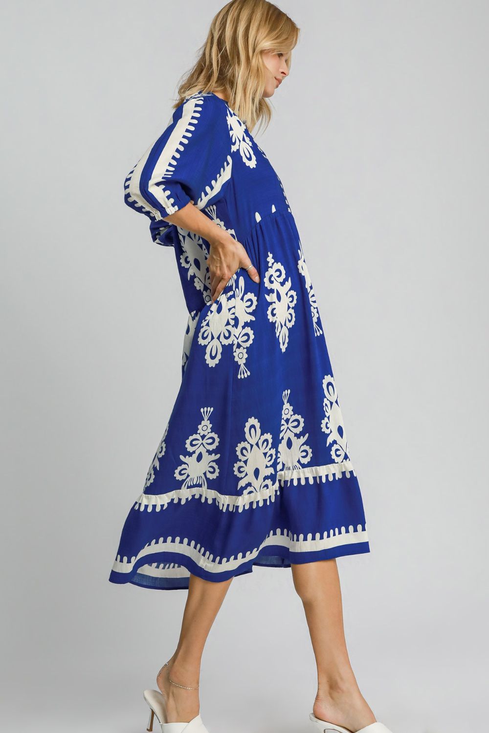 Umgee Printed Notched Midi Dress Trendsi