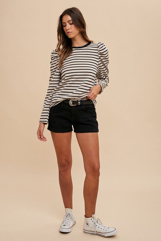 Annie Wear Striped Round Neck Puff Sleeve French Terry Top Trendsi