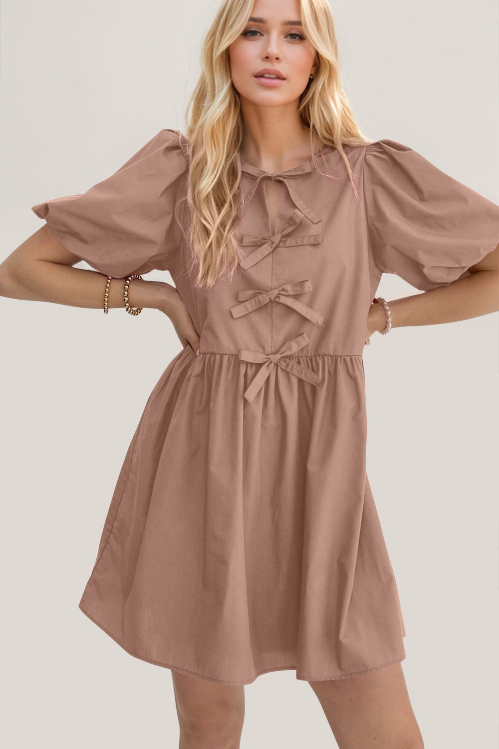 Oh Bow Ruched Puff Sleeve Mini Dress Trendsi