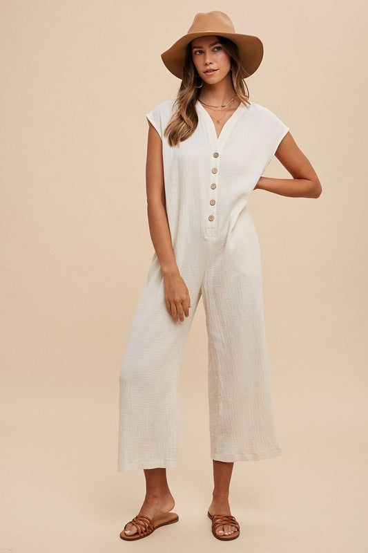 Annie Wear Button Detail Wide Leg Jumpsuit with Pockets Trendsi