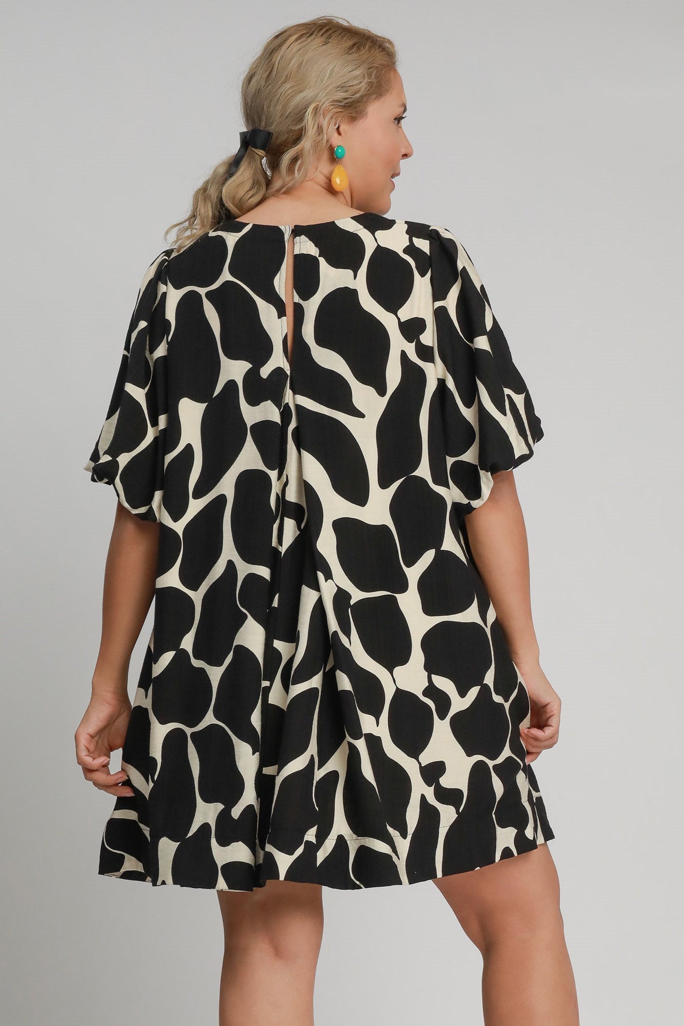 Umgee Full Size Two Tone Abstract Print Puff Sleeve Dress Plus Size Trendsi