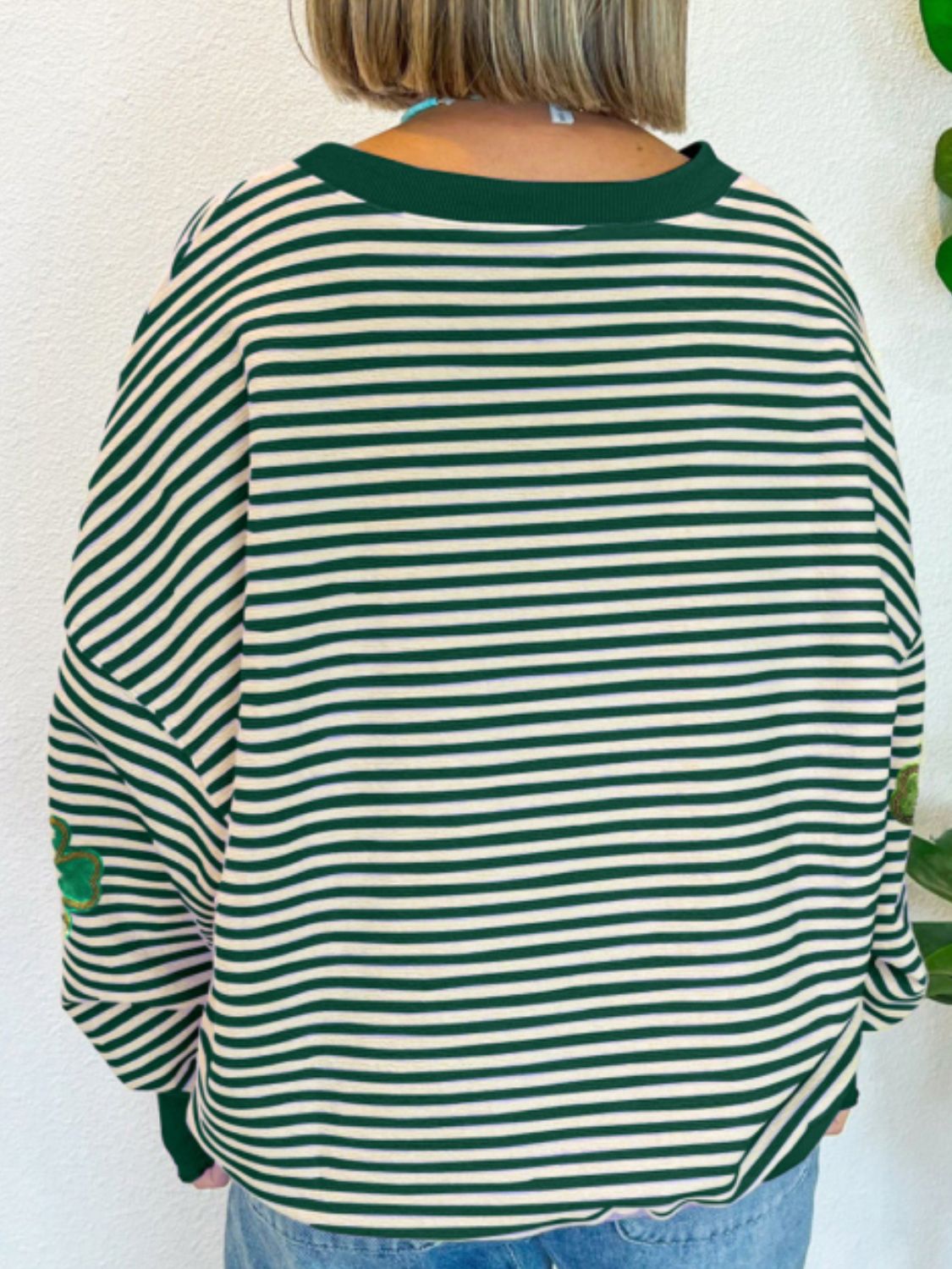 Stripe Lucky Clover Drop Shoulder Sweatshirt Trendsi