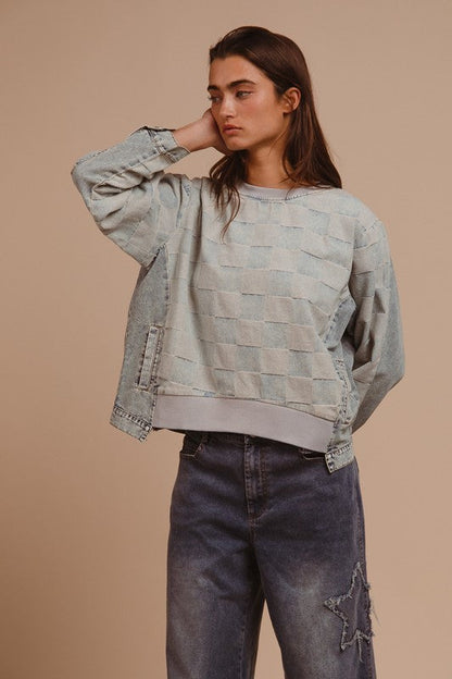 BiBi Mineral Washed Checkered Round Neck Denim Top Trendsi