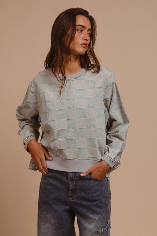 BiBi Mineral Washed Checkered Round Neck Denim Top Trendsi