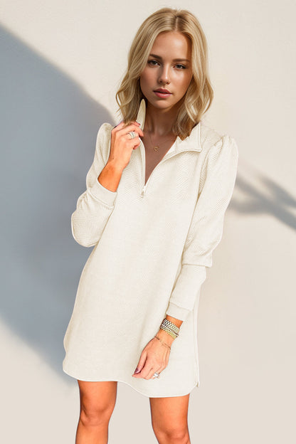 Double Take Textured Quarter Zip Long Sleeve Dress Trendsi