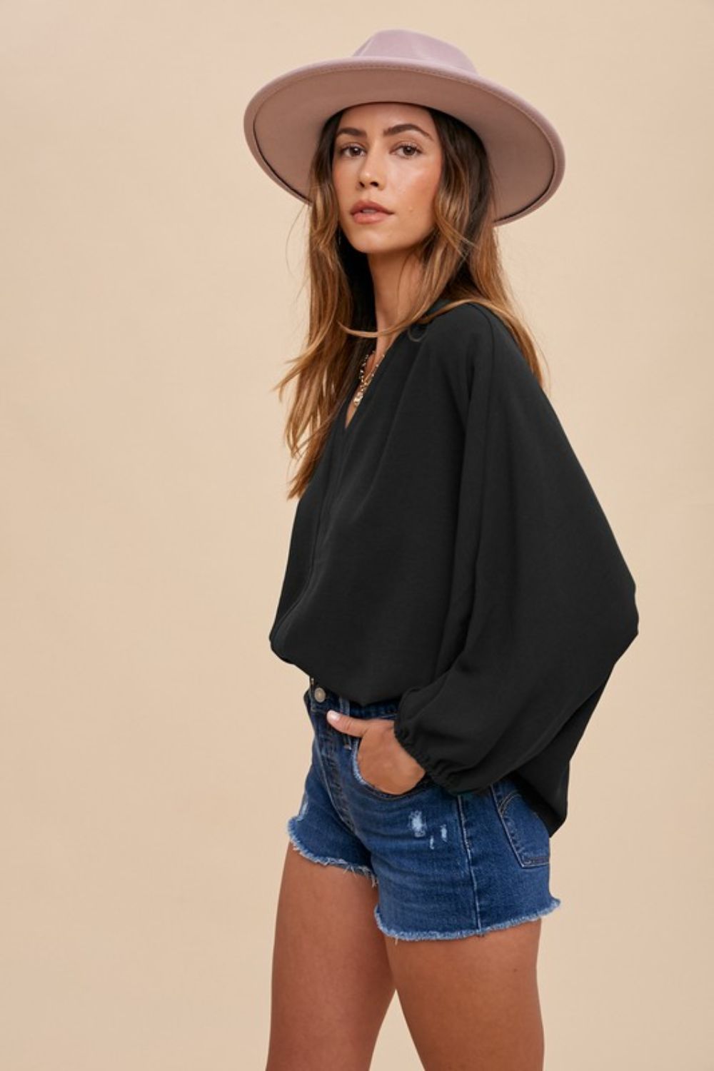 Annie Wear Notched Batwing Sleeve Blouse Trendsi