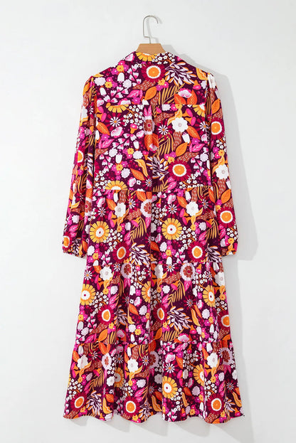 Printed Johnny Collar Long Sleeve Midi Dress Trendsi