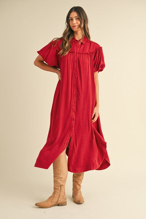 Annie Wear Mineral Washed Button Down Puff Sleeve Shirt Dress Trendsi