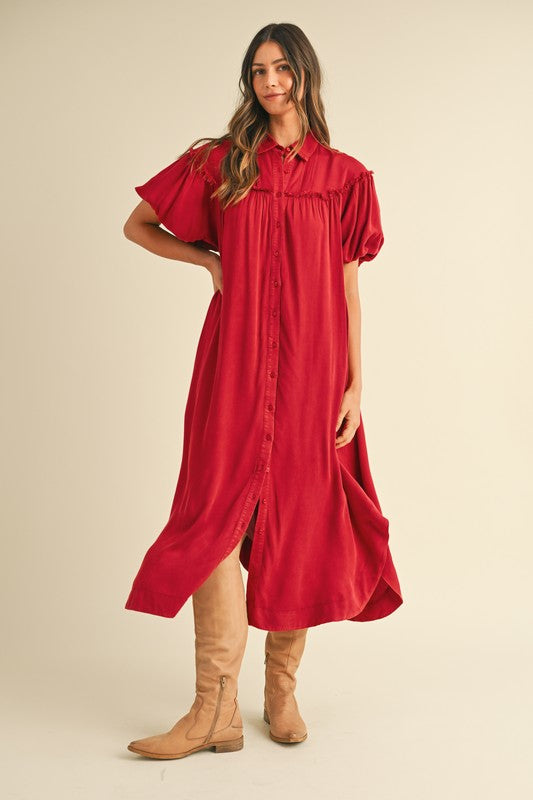 Annie Wear Mineral Washed Button Down Puff Sleeve Shirt Dress Trendsi