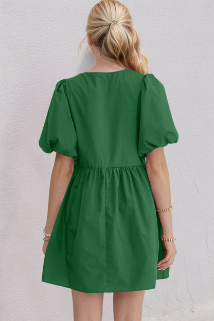 Oh Bow Ruched Puff Sleeve Mini Dress Trendsi