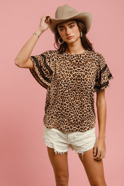 BiBi Leopard Crochet Trim Round Neck Short Sleeve Top Trendsi