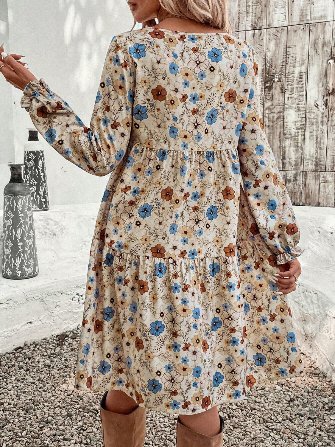 Tiered Floral Round Neck Long Sleeve Dress Trendsi