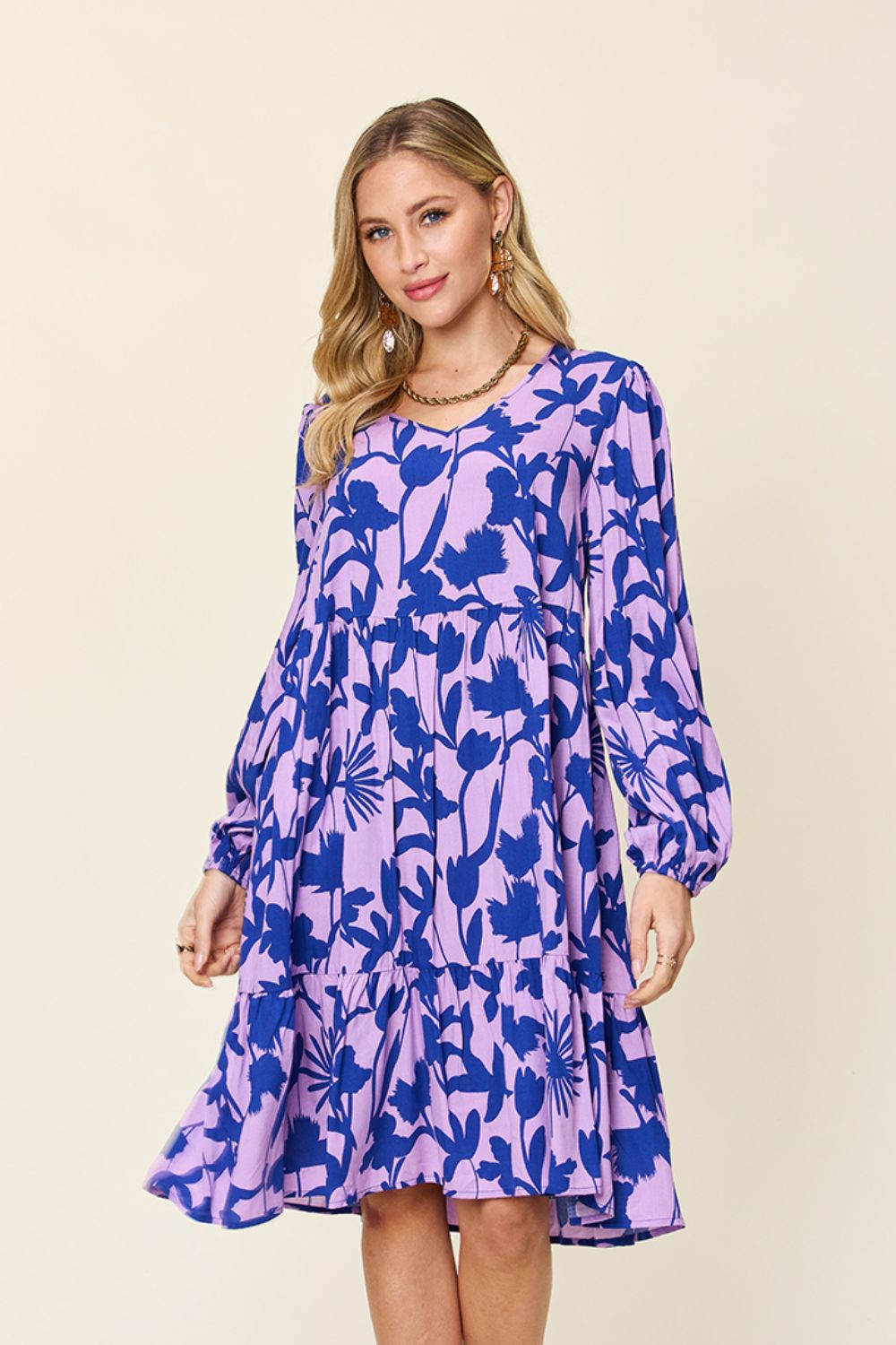 Double Take Full Size Printed Ruffle Hem Dress with Pocket Trendsi