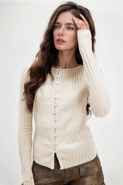 Basic Bae Texture Button Up Round Neck Long Sleeve Top Trendsi