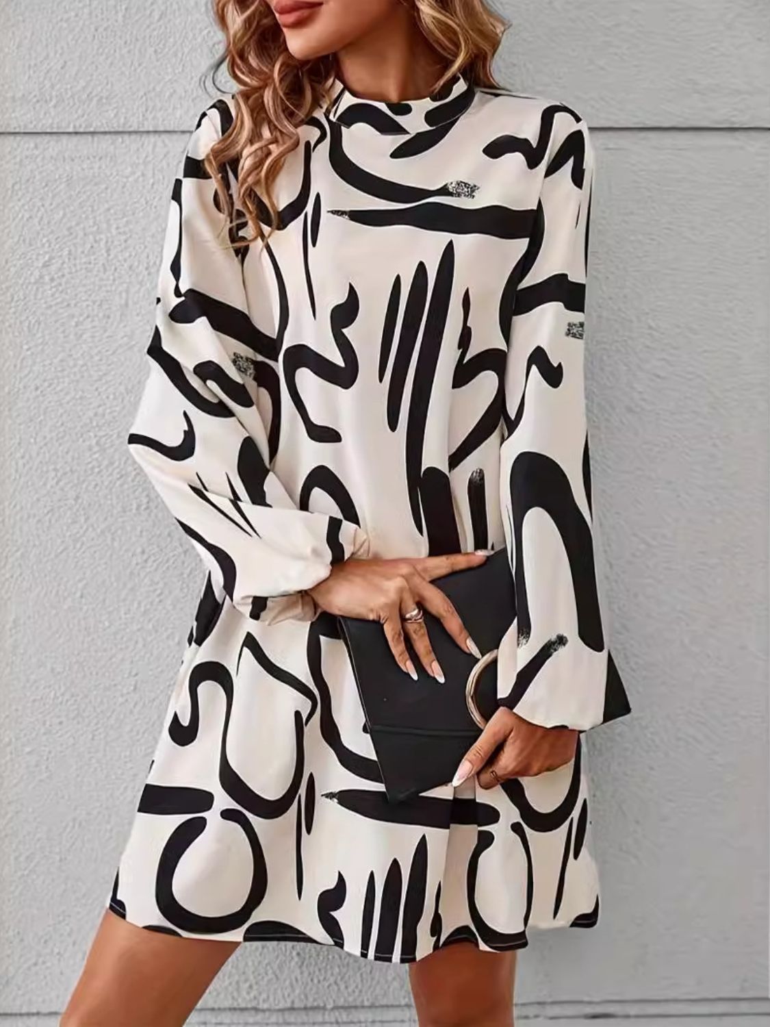 Printed Mock Neck Long Sleeve Mini Dress Trendsi