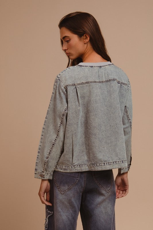 BiBi Mineral Washed Checkered Round Neck Denim Top Trendsi