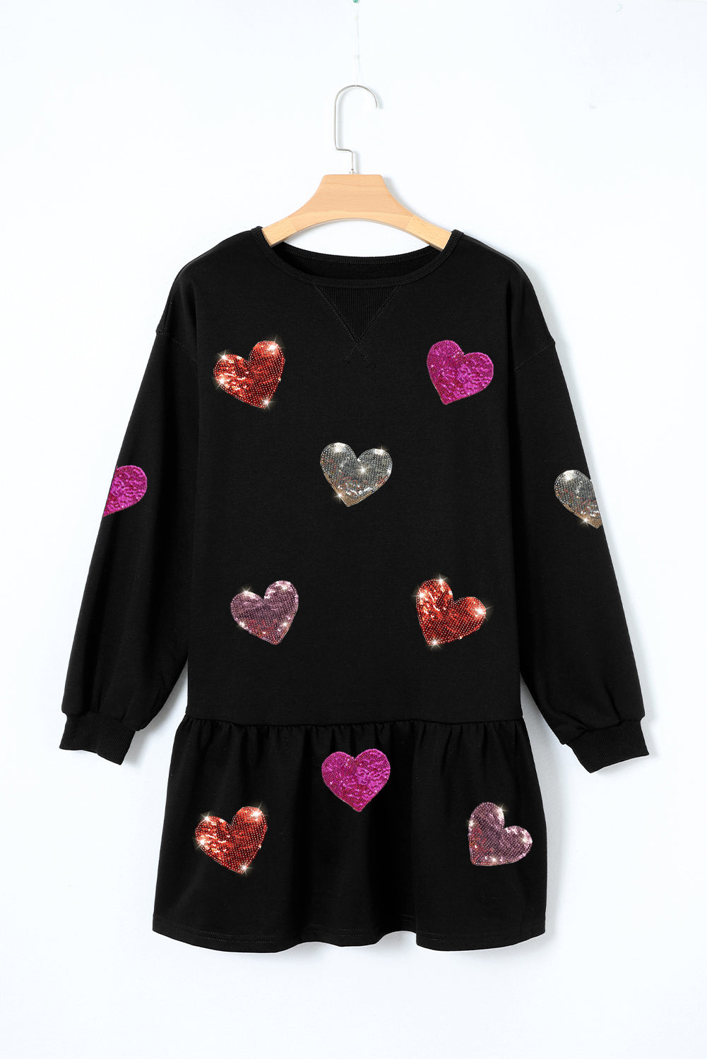 Sequin Heart Round Neck Long Sleeve Mini Dress Trendsi