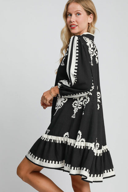 Umgee Border Print Button Down Ruffled Hem Dress Trendsi