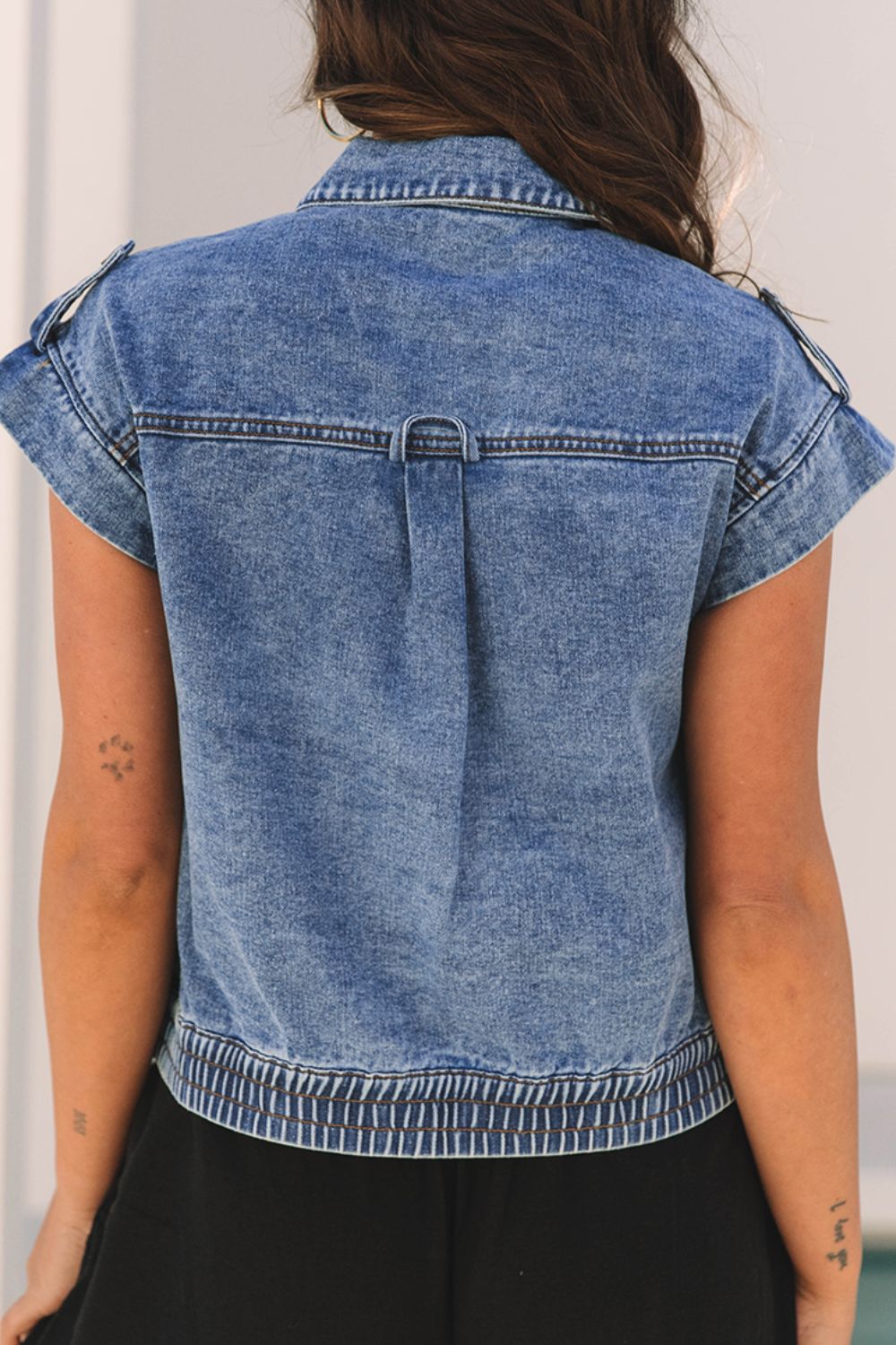 Button Up Cap Sleeve Denim Jacket Trendsi