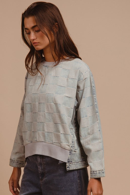 BiBi Mineral Washed Checkered Round Neck Denim Top Trendsi