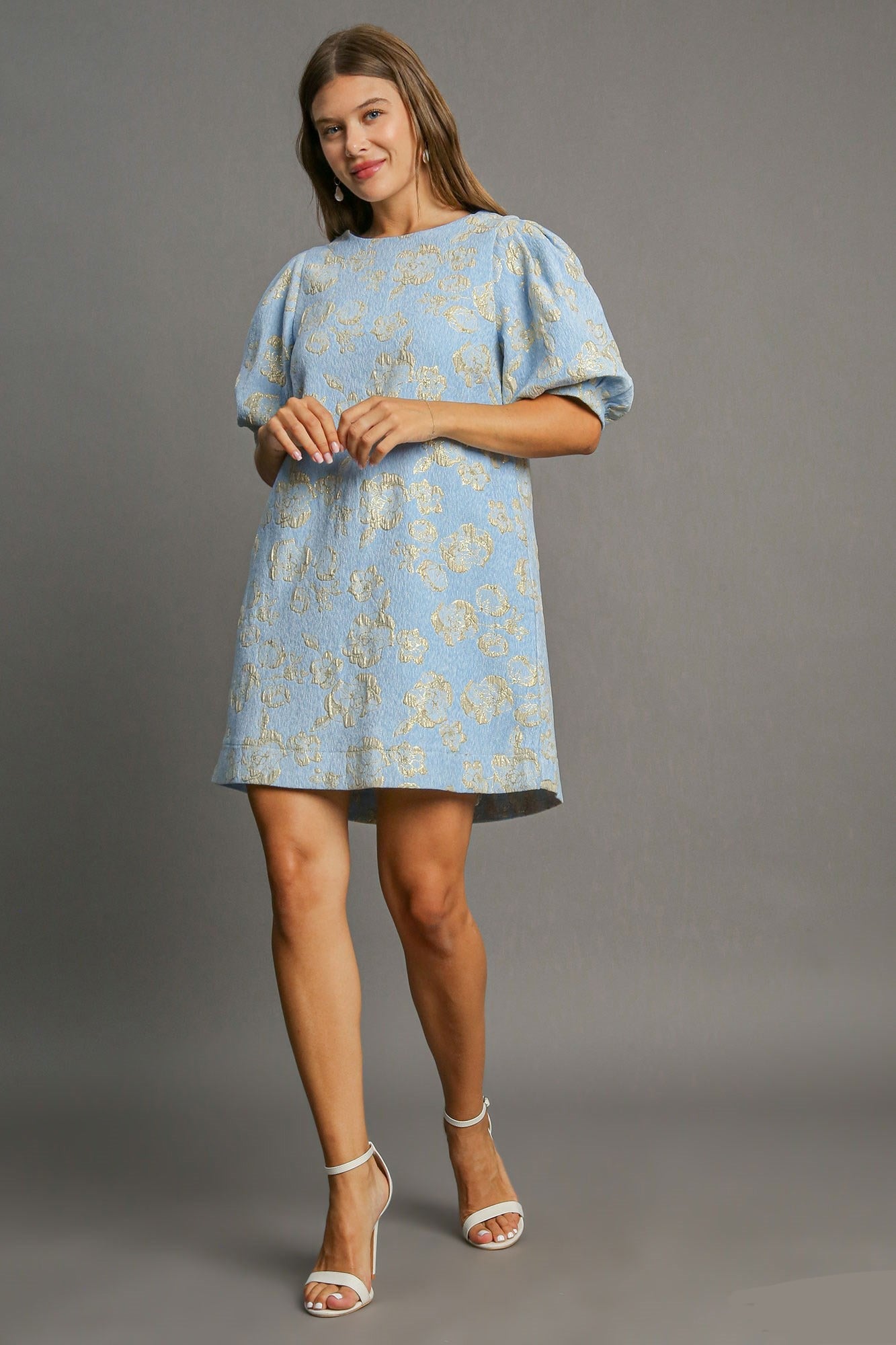 Umgee Floral Jacquard Puff Sleeve Mini Dress Trendsi